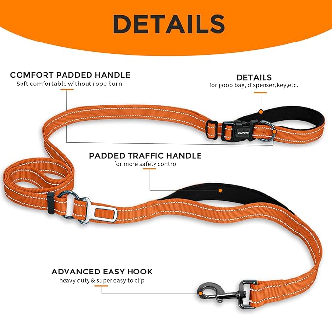 Kazazoo Hands-Free Dog Leash with Adjustable Length 6-9FT + Dual Padded Handles Reflective Safety for Walking, Jogging & Training | Suitable for Medium to Large Dogs & Puppies Orange-L