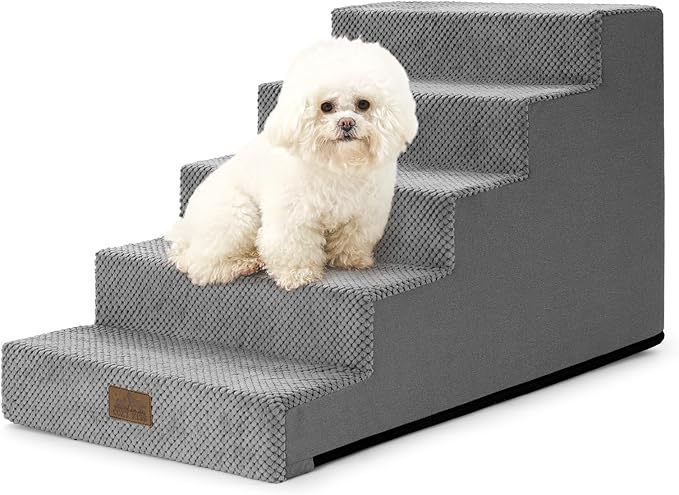 Dog Stairs for Small Dogs 17.7" H, 5 Step Gentle Incline Pet Step for Couch and Beds, Right-Angle Dog Ramp for Puppy Doggie Senior Cats, 17.7x29.5x17.7 Inch, Grey