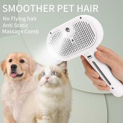 Steam Brush for Long Haired Pets - Self Cleaning Grooming Tool for Cats and Dogs to Reduce Shedding, Static and Flying Fur, White