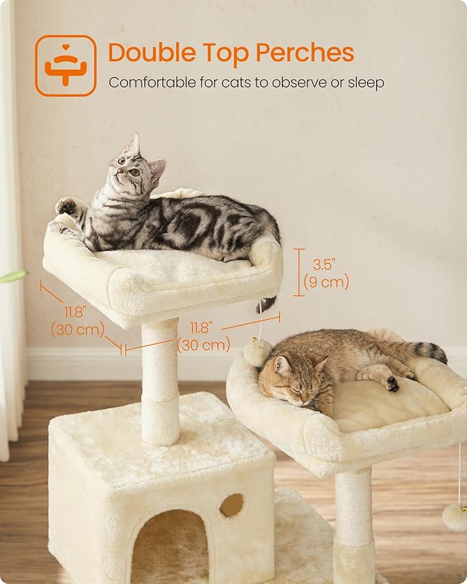 Feandrea Cat Tree, 56.3-Inch Cat Tower, Multi-Level Plush Condo with 11 Scratching Posts, 2 Perches, Hammock, Cave, Beige UPCT15BE