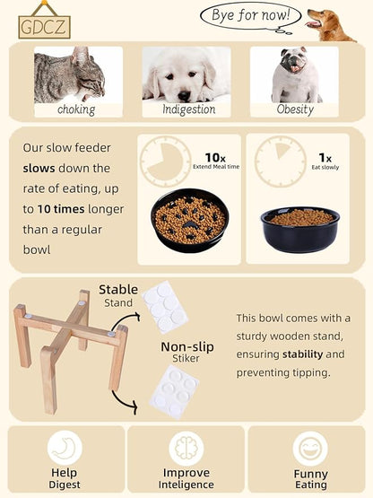 Dog Slow Feeder Bowl with Stand, Round Ceramic Pet Food Bowl for Medium Breed, Fun Raised Dog Bowls to Slow Down Eating (Black)