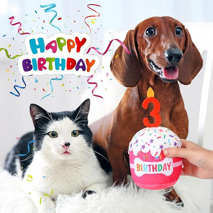 Dog Birthday Cake Toy Accessories for Girl Boy Gifts, Squeaky Plush Toy for Dog Birthday Party Decor Favor for Large, Medium and Small Dogs(3rd,Pink)