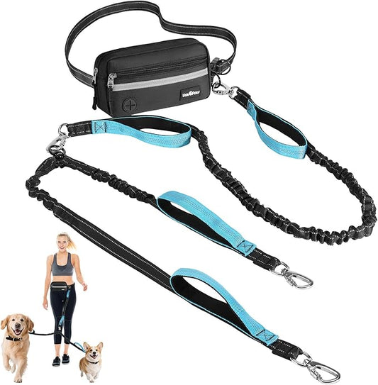 Hands Free Dog Leash for 2 Dogs with Pouch, Waist Leash for Dog Walking, Jogging, Hiking, Retractable Leashes with Dual Padded Handles, Adjustable Reflective Belt for Small, Medium, Large Dogs
