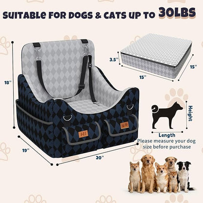 Dog Car Seat for Small/Medium Dogs up to 35lbs, 4-Pocket Storage Memory Foam Dog Booster Seat, Detachable Washable Pet Car Seat with Safety Belt, Outdoor & Indoor Use (Dark Blue/Black)