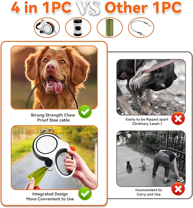 Upgraded Retractable Dog Leash with Chew Proof Cable, 26ft Heavy Duty Dog Leash for Large Dogs up to 110lbs, No-Tangle, Non-Slip Handle, One-Handed Brake, with Poop Bag Holder (Orange, L 26ft)