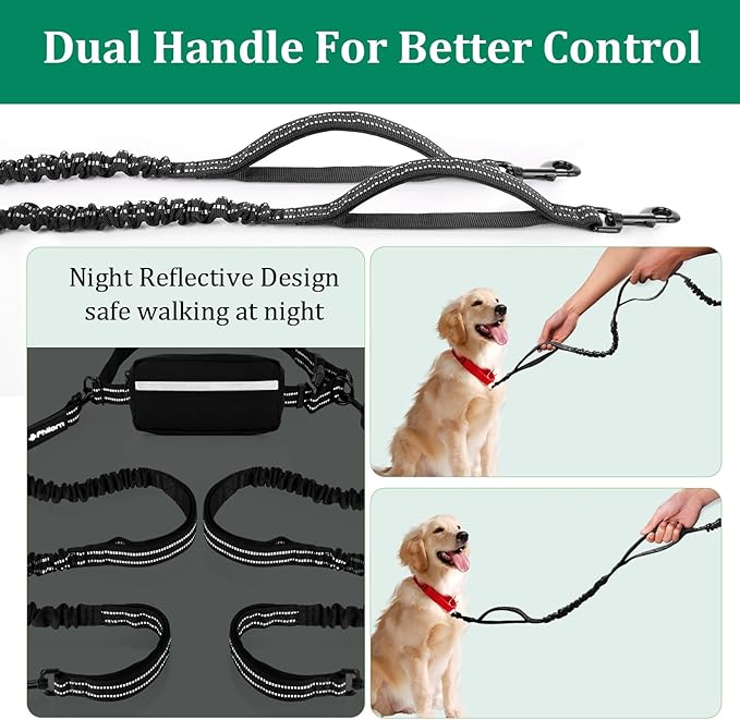 Philorn Hands Free Dog Leash for 2 Dogs, Adjustable Waist Leash for Medium Large Dogs Walking, Running, Jogging, Hiking, Dual Handles and Durable Bungee