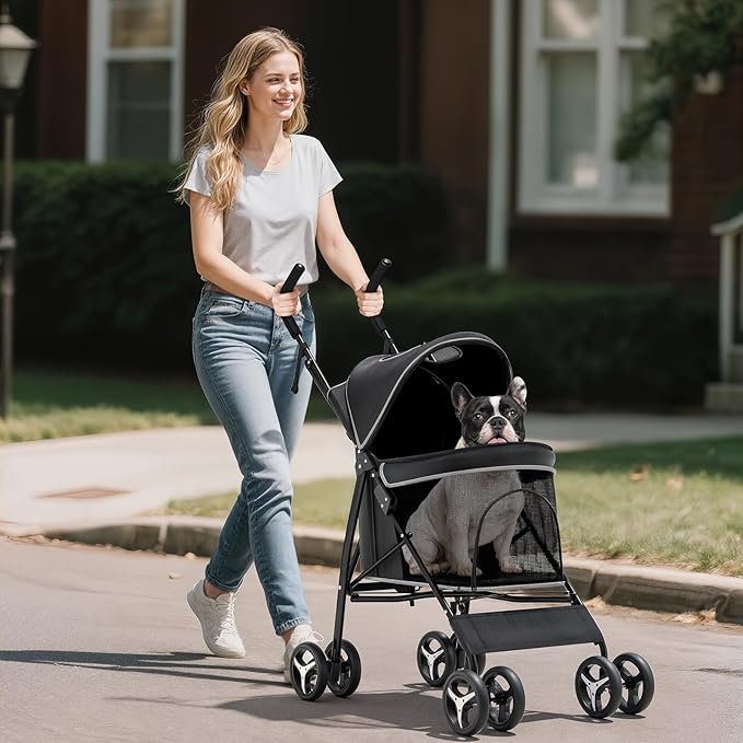 Pet Stroller for Small Dogs & Cats, 10-22lbs, Rear Storage, Black