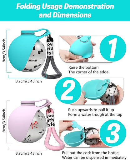 2-in-1 Portable Dog Water Bottle for Small Dogs, 10oz Dog Travel Water Bottle - Leak-Proof & One-Hand Operation, Light Dog Travel Bowl, Stainless Steel Bottle & Silicone Bowl for Walking Hiking (Pink)