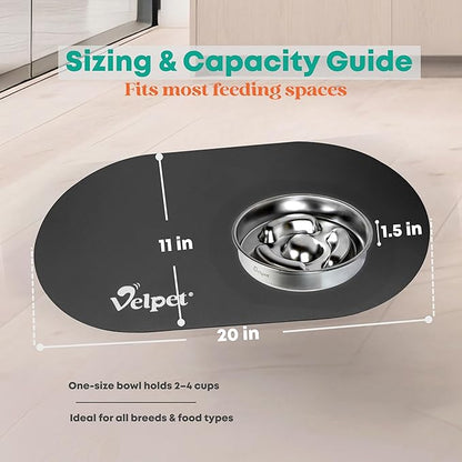 Stainless Steel Slow Feeder Dog Bowl with Absorbent Non-Slip Mat | Designed to Slow Eating | 304 Stainless Steel, Dishwasher Safe, Durable One-Piece Design for All Breeds