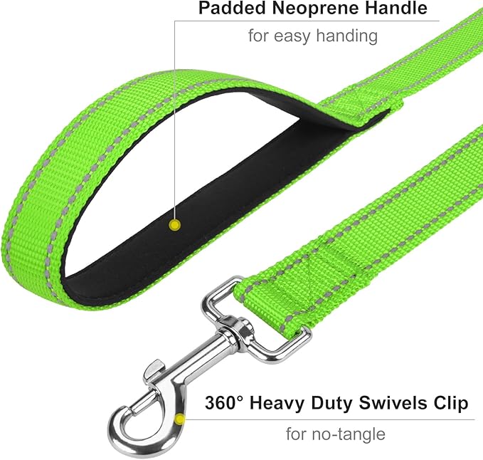 Reflective Dog Leash 6ft Soft Padded Handle Nylon Lead for Medium & Large Dogs, Durable Walking Training Leash for Night Safety (Green,1Inch Wide)
