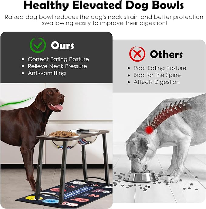 Raised Dog Bowl with Spill-Proof Mat, 4 Adjustable Heights, Two 3000ML Stainless Steel Bowls with Slow Feeder, Elevated Food & Water Bowls for Medium, Large, and Extra Large Dogs