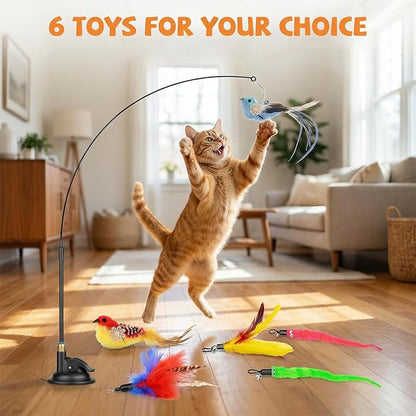 Interactive Cat Feather Toy with Suction Cup – 10-Piece Set Including 2 Detachable Wands & 6 Replacement Teasers, No-Marking Vacuum Base for Indoor Play