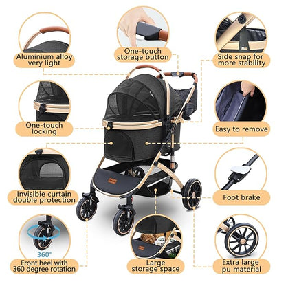Pettingzoo Dog stroller with 4 Wheels, Folding Cat Stroller for Small/Medium/Large dogs & cats to 60 lbs, pet stroller with removable carrier, Storage Basket,Cup Holder,3 in1 Multifunctiona Detachable