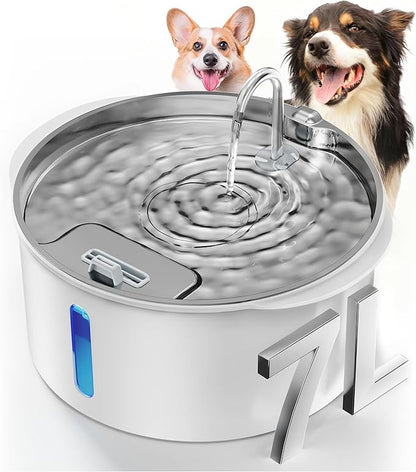 Pektaco Dog Water Fountain for Large Dogs, 1.8Gal/7L Pet Water Fountain, Dog Water Bowl Dispenser with Viewing Window & LED, Super Quiet, Stainless Steel Tray Easy Clean BPA-Free(with 1 Filters)