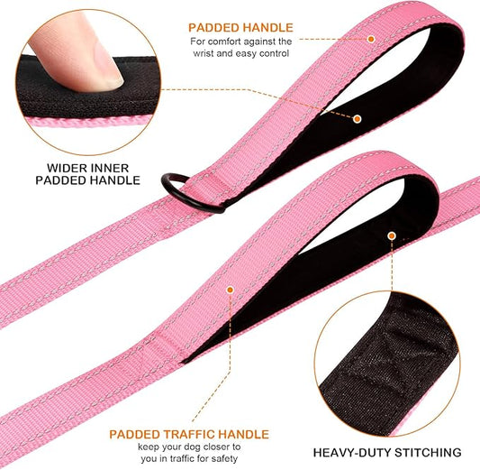 Joytale Dog Leash Heavy Duty for Large Dogs that Pull, Double Handle for Traffic Control, Double-Sided Reflective Leashes for Large Medium Dogs Night Safety, 6FT, Pink