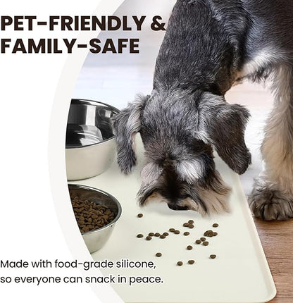 VIVAGLORY Dog Food Mat Flexmat Dog Bowl Mat, Placemat Food Tray with Raised Edges & Lip for Indoor Floor, Non Slip Waterproof Silicone Dish Placemat for Cat & Pet, L, Ivory