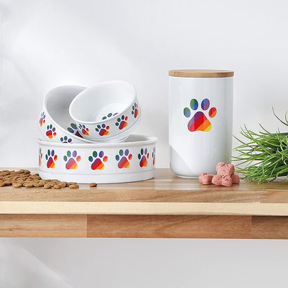 Bone Dry Ceramic Food Bowls, Non-Slip & Dishwasher Safe, Small Set, 4.25x2, Rainbow Paw, 2 Count