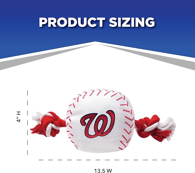 MLB WASHINGTON NATIONALS Baseball Rope Toy for DOGS & CATS. Tough nylon, Sporty Baseball Design, Heavy-duty ropes with Inner SQUEAKER
