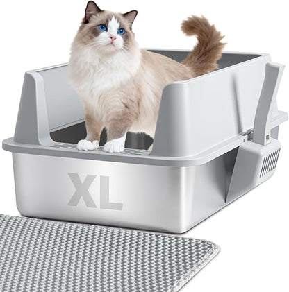 Stainless Steel Litter Box with Lid, XL Metal Litter Box, Anti-Urine Leakage Cat Litter Boxes Extra Large for Big/Multiple Cats, Never Absorbs Odors, Non-Stick, Includes Scooper and Mat