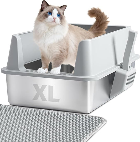 Stainless Steel Litter Box with Lid, XL Metal Litter Box, Anti-Urine Leakage Cat Litter Boxes Extra Large for Big/Multiple Cats, Never Absorbs Odors, Non-Stick, Includes Scooper and Mat