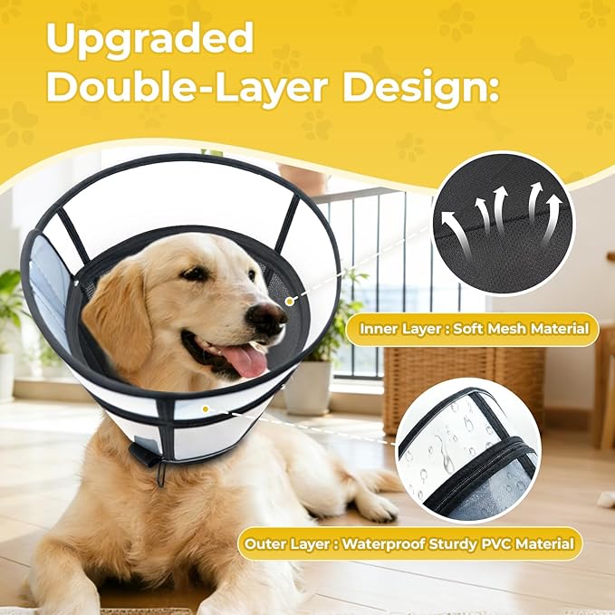 Upgraded Dog Cone Collar for Dogs After Surgery, Soft Transparent Pet Recovery Collar for Large Medium Small Dogs, Depth Adjustable Dog Cone Collar, Elizabethan Collar (L, Black)