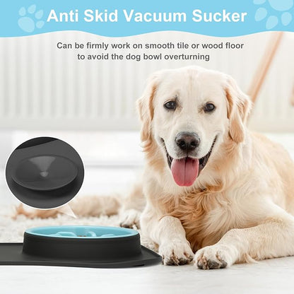 Slow Feeder Dog Bowls 3 in 1 Stainless Steel Dog Food and Water Bowls with Non-Spill Non-Skid Silicone Mat to Slow Down Eating for Large Medium Small Breed Size Dogs and Cats (Grey Blue)