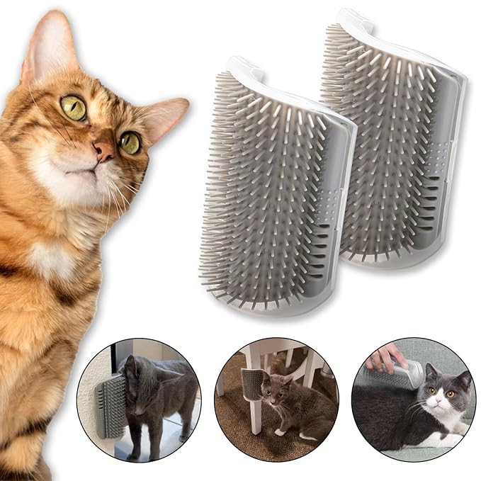 Cat Self Groomer – Wall Corner Grooming Brushes for Cats and Small Pets – Soft Silicone Massage Brush for Shedding Control and Face Rubbing (Grey)