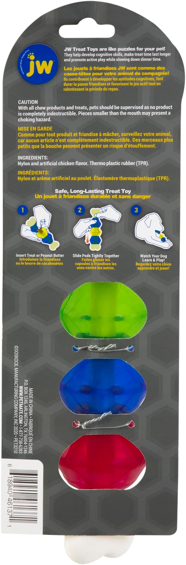 JW Pet EverTuff Treat Pod Nylon Dog Toy, Small 7" Tall, White Bone with Colored Pods of Orange, Green, Blue