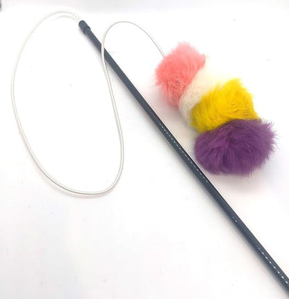 Kats'N Us Rabbit Fur Pom Pom Cat Teaser Wand - Light Pink, White, Yellow, Purple