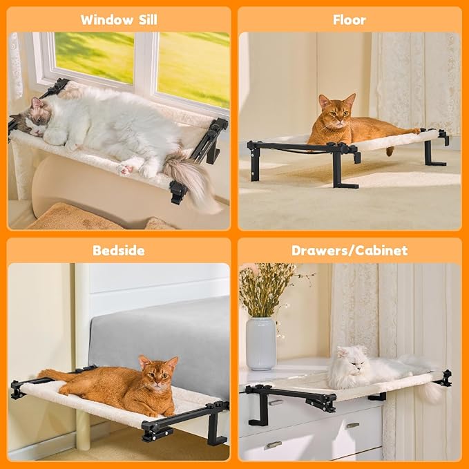 Cat Window Perch Bed Cat Hammock for Window Sill Seat, 2 in 1 Adjustable Large Cats Sleeping Beds with Cushion Steel Frame Kitten Perches for Windowsill, Bedside, Floor (Beige)