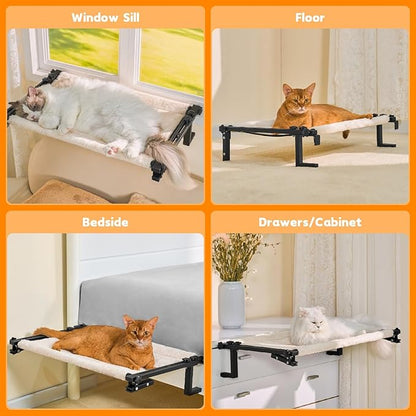 Cat Window Perch Bed Cat Hammock for Window Sill Seat, 2 in 1 Adjustable Large Cats Sleeping Beds with Cushion Steel Frame Kitten Perches for Windowsill, Bedside, Floor (Beige)
