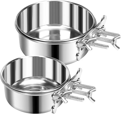 2 Pcs Small Dog Food Water Bowl for Cage with Upgraded Clamp Holder, Pet Kennel Hanging Bowls Stainless Steel Non-Spill Detectable Bowls Crate Feeder for Small Dogs (4.7x2'' & 4x1.8'')