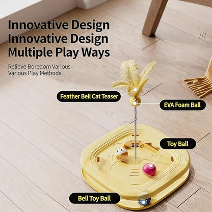 Interactive Cat Toys for Indoor Cats, 2-in-1 Kitten Toys with Balls & Feathers, BPA-Free Safe Material, Non-Slip Base, Sturdy and Durable (Yellow)