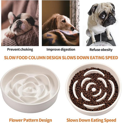 8.26 in White Dog Bowl Slow Feeder Ceramic for Medium and Large Breed, Elevated/Raised Slow Feeding Dog Food Water Dish Heavy Weighted,Puppy Dish for Fast Eaters,Puzzle Eating Bowl Modern Maze