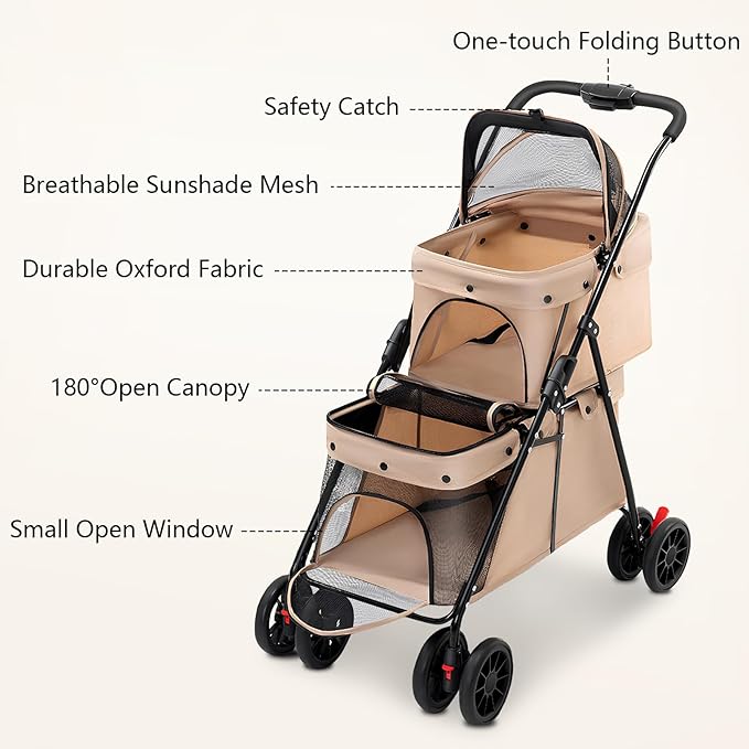 Double Pet Stroller for Medium Small Dogs and Cats with 2 Carriage, Durable Universal Wheels with Brakes Lightweight One Hand Foldale Kittens Puppies Travel Strolling Cart (Brown)
