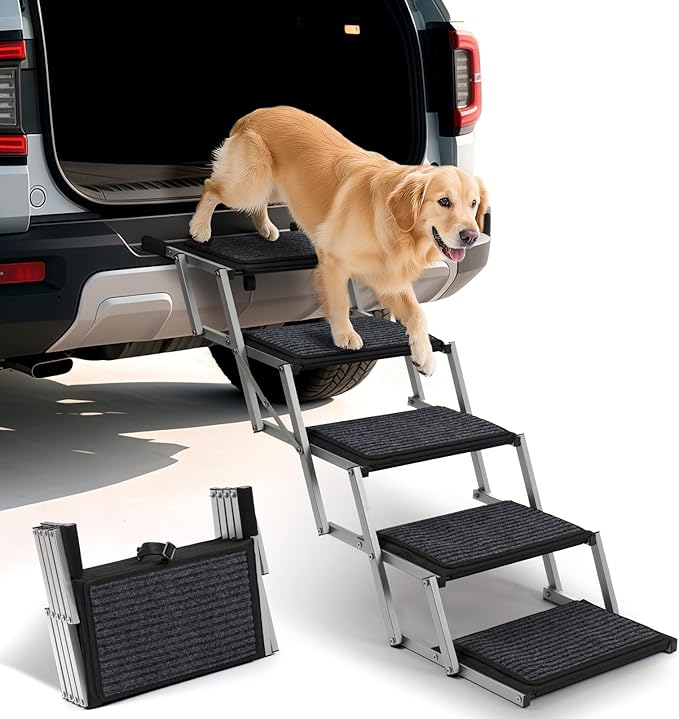 Extra Wide Dog Steps for Car, Truck and SUV - Foldable Pet Stairs for Large Dogs with Non-Slip Rug Surface, Lightweight Dog Ramp Holds Up to 250lbs, 5 Steps