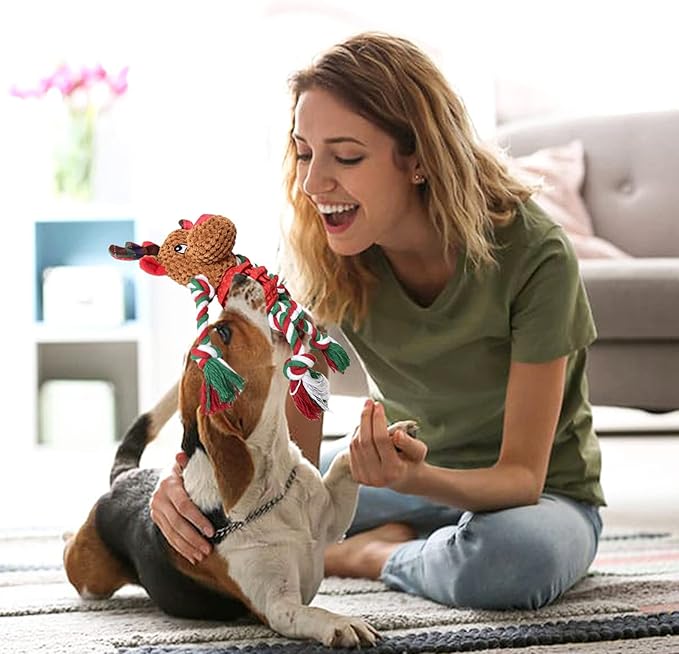 Dog Christmas Toys for Small Medium Large Dogs, Squeaky Plush Dog Toys + Interactive Dog Toys + Dog Rope Toys Multi Function Cute Reindeer Puppy Toys for Christmas