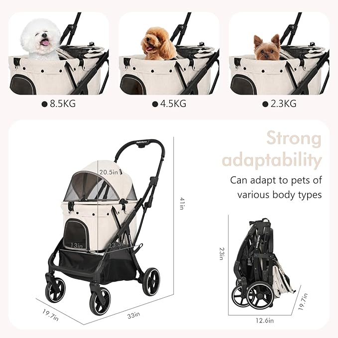 Pet Stroller for Medium Dogs Cats Up to 45 lbs, Waterproof Sunproof, One-Hand Foldable Dog Stroller Cart, Strollers for Dogs and Cat, Beige