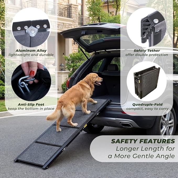 Dog Ramp for Car Travel Bundle – 63” Foldable Non-Slip Dog Ramp + Waterproof Back Seat Cover + 15 Poop Bags – Complete Pet Travel Set for SUV, Truck & Car – Safe Access, Clean Seats, Easy Trips