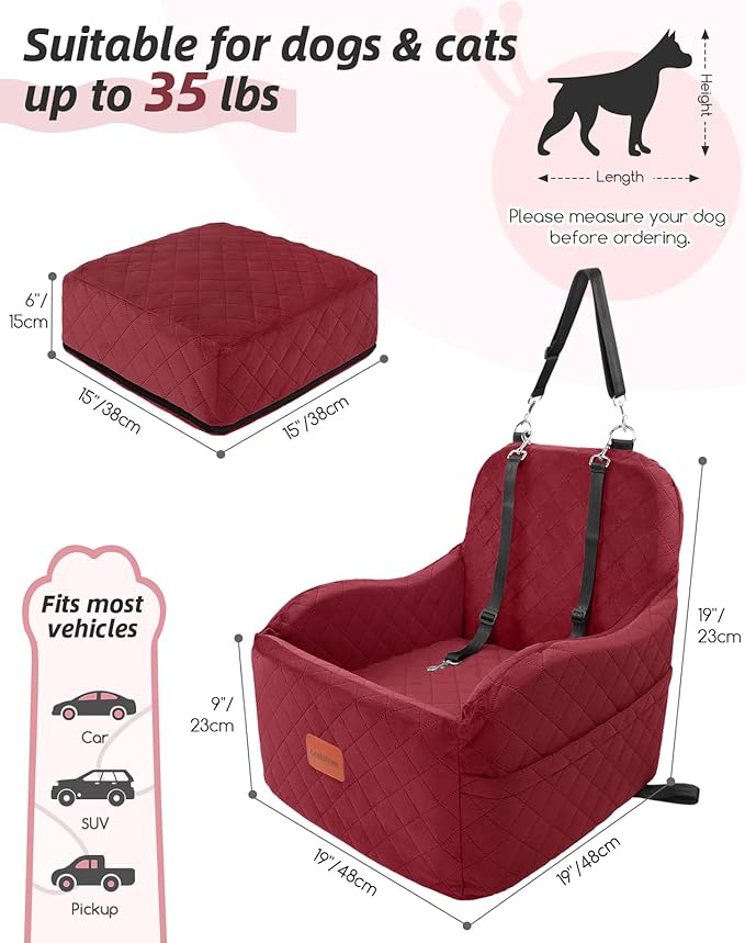 Lealchum Dog Car Seat for Small/Medium Dogs,6in Elevated Cushion,Fits in Front/Back Seat,Fully Detachable and Washable,2 Storage Pockets,Easy to Install (Red, Medium)