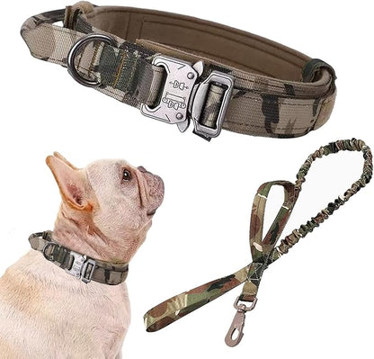 Xqpetlihai Tactical Dog Collar and Leash Set Adjustable Military Nylon Dog Collar with Control Handle and Heavy Duty Metal Buckle for Large Dogs （Camo S