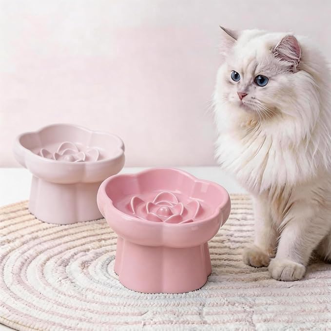 Cat Slow Feeder Flower-Shaped Ceramic Slow Feeder Cat Bowl, Tilted Raised Cat Slow Feeder Bowl for Whisker Relief, Prevents Vomiting & Bloating, Non-Slip Base, Cat Bowls for Dry and Wet Food - White