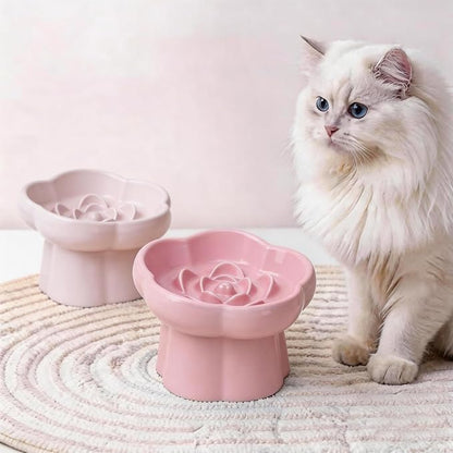 Cat Slow Feeder Flower-Shaped Ceramic Slow Feeder Cat Bowl, Tilted Raised Cat Slow Feeder Bowl for Whisker Relief, Prevents Vomiting & Bloating, Non-Slip Base, Cat Bowls for Dry and Wet Food - White
