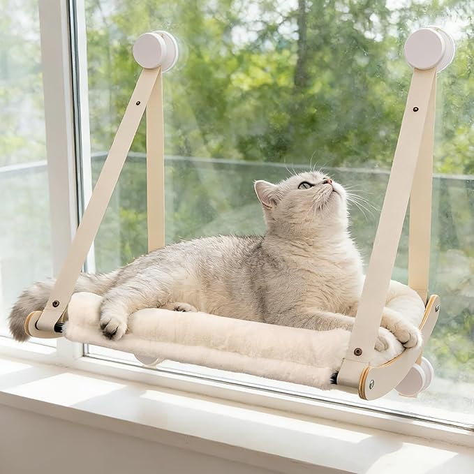 Kilodor Cat Window Perch, Cat Hammock for Window with 4 Strong Suction Cups - Easy Assembly, Solid Wood Frame with Large Cats Bed - Supports Up to 40lbs for Indoor Cats Beige