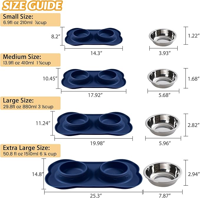 Hubulk Pet Dog Bowls 2 Stainless Steel Dog Bowl with No Spill Non-Skid Silicone Mat + Pet Food Scoop Water and Food Feeder Bowls for Feeding Small Medium Large Dogs Cats Puppies (X-Large, Navy Blue)