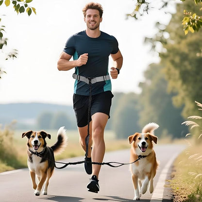 Tails & Tales Hands Free Dog Leash with Waist Pouch, Lumbar Support Upgraded, Bungee Reflective Leash, Adjustable Belt 25-55", Walking Running Hiking Training for Dogs Up to 125lbs (Gray, Two Dogs)