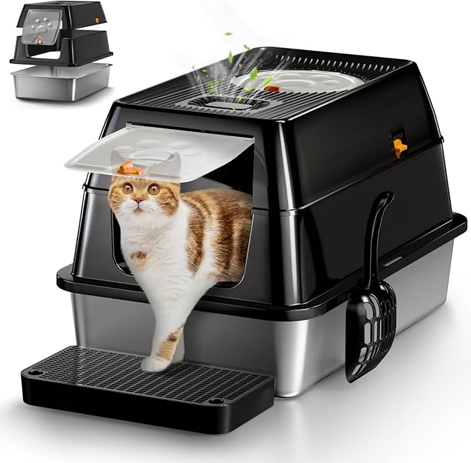 XL Stainless Steel Cat Litter Box with Lid, Extra Large Enclosed Litter Box for Big Cats, High Sided Metal Litter Pan with Removable Lid& Scoop, Odor Free, Easy Cleaning, Anti-Urine Leakage