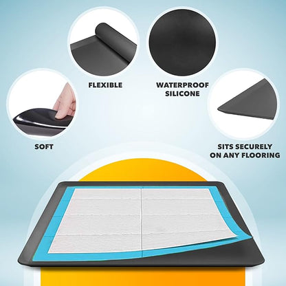 Skywin TidyFriend Dog Pee Pad Holder Tray - Fits Up to 24” x 24” Pee Pad Holder for Dogs - Stable Grip, Raised Edges, Quick-Wipe Silicone Surface Dog Pad Holder for Indoor Flooring Protection (Black)