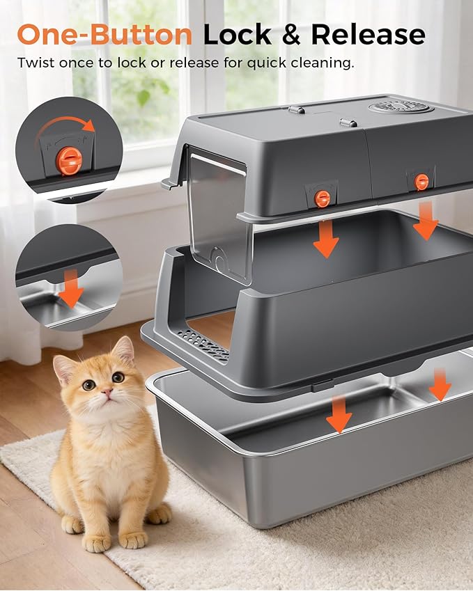 GTPLAYER XXL Stainless Steel Cat Litter Box with Lid, High Sided Enclosed Cat Litter Box, Activated Carbon Odor Control, Extra Large Metal Litter Box, Anti-Leak, with Mat & Scoop, Grey 2 Pack