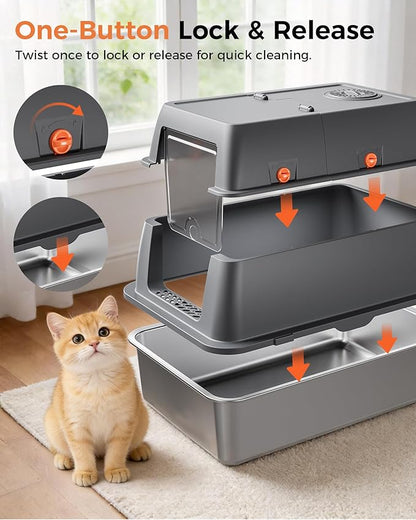 GTPLAYER XXL Stainless Steel Cat Litter Box with Lid, High Sided Enclosed Cat Litter Box, Activated Carbon Odor Control, Extra Large Metal Litter Box, Anti-Leak, with Mat & Scoop, Grey 2 Pack